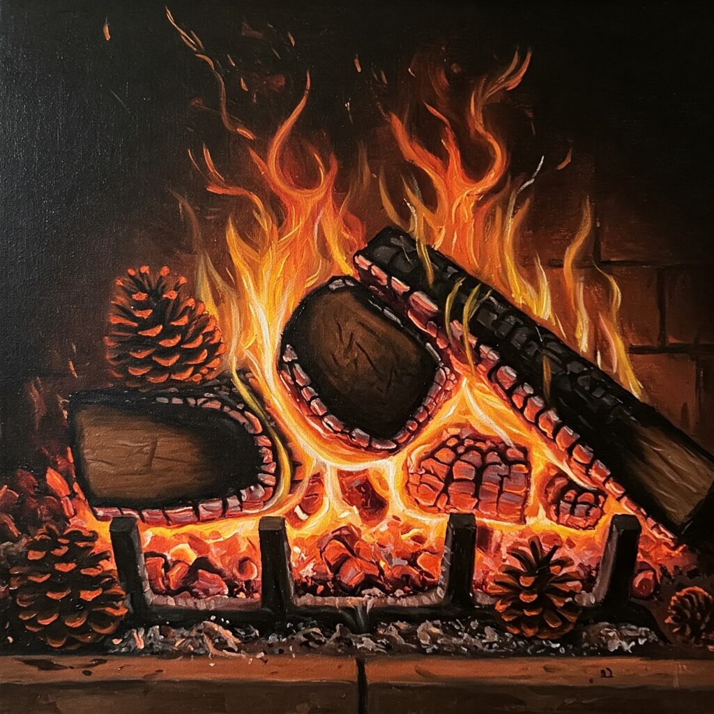 Burning pine in a fireplace